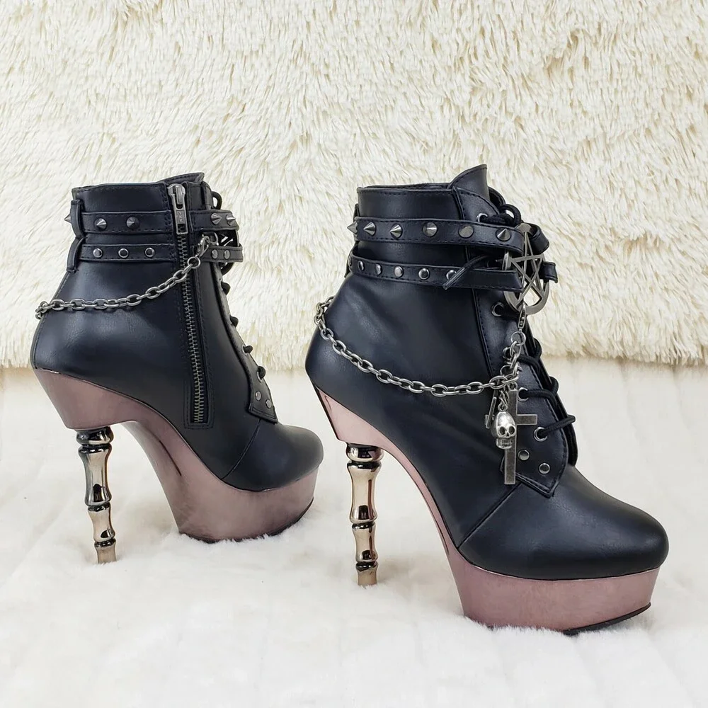 NIB MUERTO 1001 Finger Bone Heel Platform Biker Ankle Boots Charm Chain - Picture 10 of 12